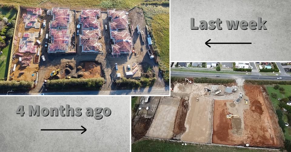 Aerial split-image showing 4-month subdivision build progress: bare pads then framed townhouses
